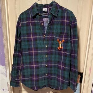 Vintage Disney Plaid Button-Up Shirt with Embroidered Tigger Pocket